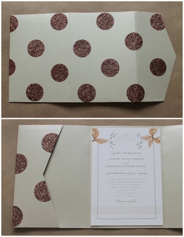 A fun glam wedding invitation with brown glitter polka dots is a cool solution for a playful wedding