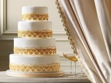 a white and gold glitter wedding cake with patterns is a glam and lovely idea for a modern glam wedding or a vintage one