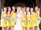 strapless yellow over the knee bridesmaid dresses are great for spring or summer weddings