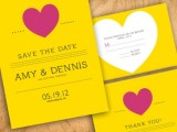 shiny yellow save the dates with hearts are cute and cool ones for any wedding
