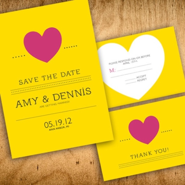 Shiny yellow save the dates with hearts are cute and cool ones for any wedding