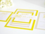 bold yellow, white and tan wedding invitations are great for any modern wedding