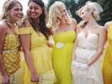 bold yellow mismatching bridesmaid dresses of various kinds are great for a fun and bold spring wedding