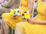 bold yellow lace A-line knee bridesmaid dresses are great for a spring wedding, especially for a rustic one