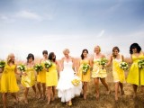 mismatching yellow knee bridesmaid dresses are great for a spring or summer wedding