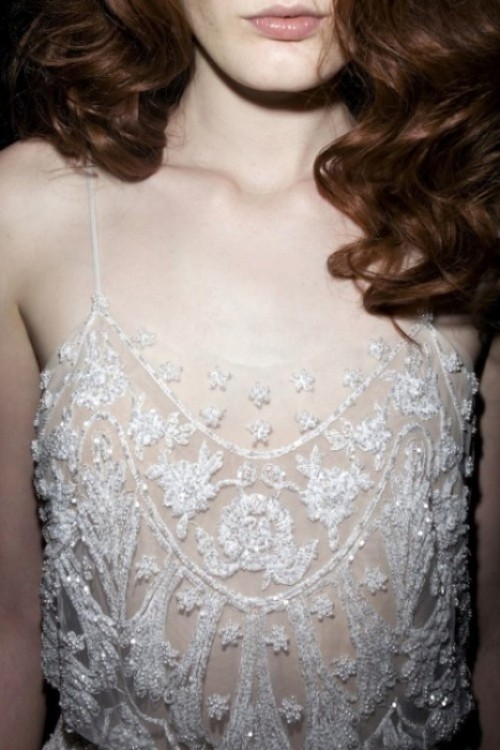 a sheer fully embellished and embroidered wedding dress bodice is a bold glam idea to go for