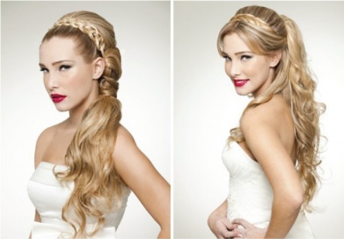 a half updo with bangs and a braided halo can be turned into a low ponytail if needed