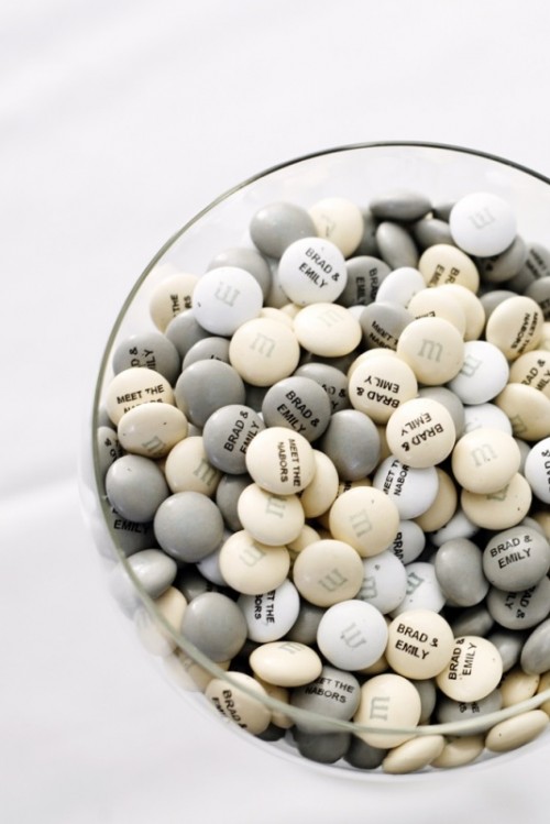 stamped M&Ms are a fun personalized idea for a wedding dessert, print your names and wedding date