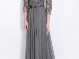 a refined grey A-line dress with an embellished bodice, long sleeves, a V-neckline and a pleated skirt is a cool idea for brides, bridesmaids and mothers of brides or grooms