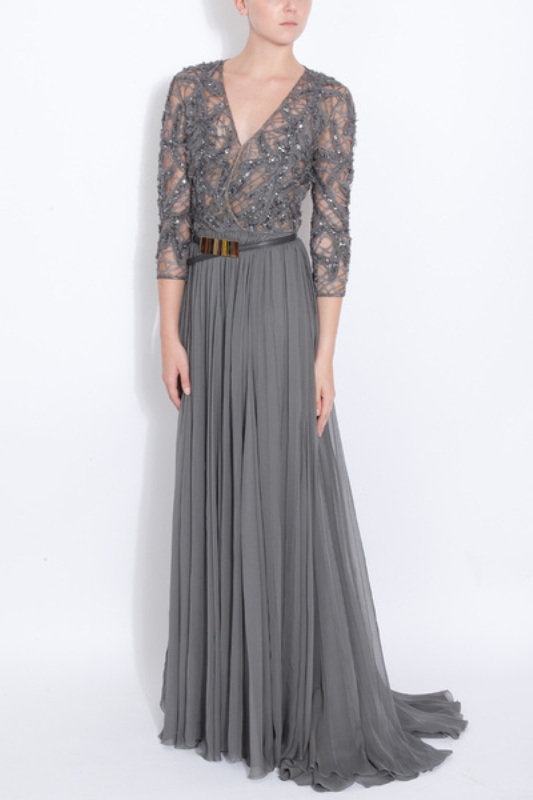A refined grey A line dress with an embellished bodice, long sleeves, a V neckline and a pleated skirt is a cool idea for brides, bridesmaids and mothers of brides or grooms