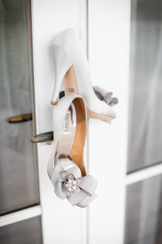 Grey peep toe shoes with oversized bows and embellishments are lovely and very girlish
