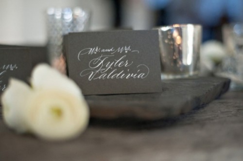 grey cards with white calligraphy to match your color scheme
