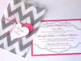 grey, white and pink wedding invitation suite with a chevron print and more prints in Moroccan style