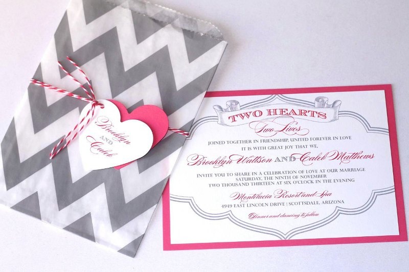 Grey, white and pink wedding invitation suite with a chevron print and more prints in Moroccan style