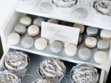 a grey and white mini dessert table with cupcakes, macarons and mini candies is a chic idea