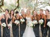 elegant graphite grey one shoulder bridesmaid dresses with drapery and a strapless neckline