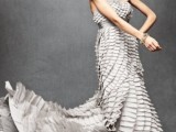 a strapless layered A-line wedding dress in grey fully covered with ruffle tiers for a non-traditional bride