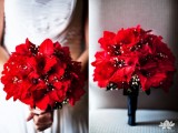 a bold Christmas wedding bouquet of red blooms and baby’s breath is a cool idea to rock at a winter wedding