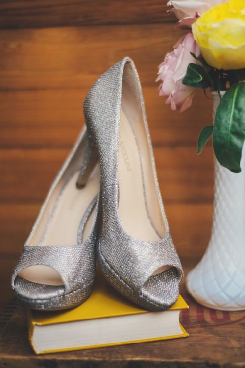 fabulous shiny silver peep toe platform shoes are amazing for a modern or vintage glam bride and will add a shiny touch to the outfit