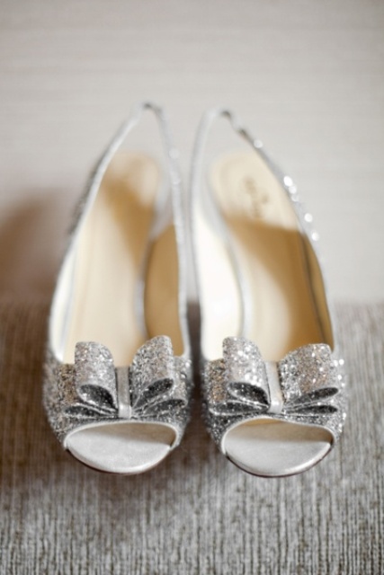 silver sequin bow toe slingbacks are always a good idea for a modern glam bride and will add a shiny and glam touch to the look