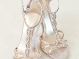 exquisite silver glitter strappy wedding shoes with T straps are amazing for a glam bride, and will fit many bridal looks easily