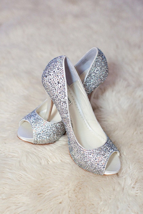 silver embellished peep toe wedding shoes are a classic option for a glam bride, they will fit most of bridal looks