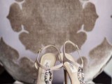 sparkly silver sequin vintage-inspired peep toe wedding shoes with T straps are gorgeous for many shiny bridal looks