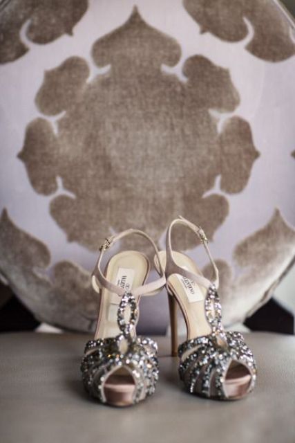 sparkly silver sequin vintage inspired peep toe wedding shoes with T straps are gorgeous for many shiny bridal looks