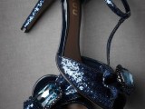 navy sequin peep toe T strap shoes with oversized navy crystals on top, they add color and a shiny feel to the outfit