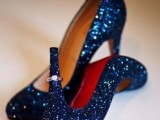 sparkling navy sequin shoes are a bodl touch of color and a glam shiny touch to your wedding look