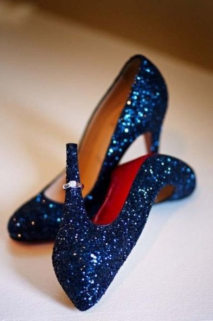 sparkling navy sequin shoes are a bodl touch of color and a glam shiny touch to your wedding look