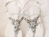 heavily embellished silver T-strap sandals are a great idea for a beach, coastal or just relaxed summer wedding