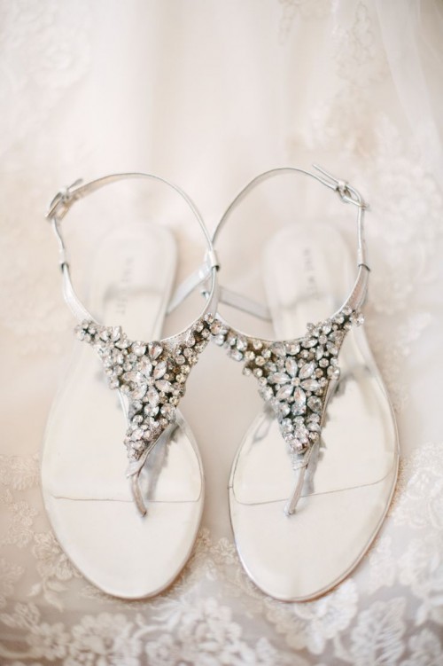 heavily embellished silver T-strap sandals are a great idea for a beach, coastal or just relaxed summer wedding
