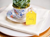 mini succulents planted into elegant teacups and with tags are a cute wedding favor idea all year round