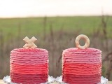 ruffle gradient pink, red and burgundy wedding cakes topped with X and O are amazing for Valentine’s Day