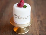 an individual wedding cake topped with fresh berries and with the name on it is a lovely idea for a groom’s cake