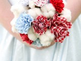 a whimsy wedding bouquet composed of cotton, blue, red plaid, polka dot fabric blooms is a veyr fun and bold idea