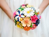 a colorful plastic flower wedding bouquet in various colors is a very fun and creative idea to try