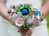 a colorful brooch wedding bouquet is a lovely and cool idea for a vintage-loving bride