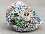 a refined and bold wedding bouquet composed of green and blue rhinestone brooches is just jaw-dropping