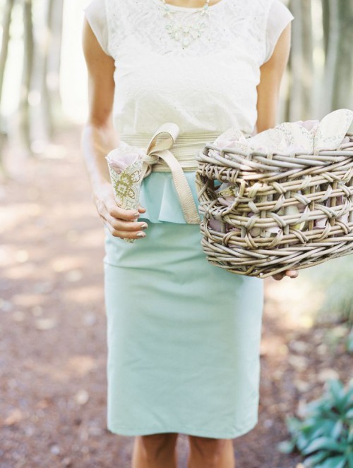a white top with a lace insert and an aqua pencil knee skirt are a cool combo for a spring or summer wedding