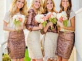 white lace tops and copper sequin skirts and vice versa – sequin tops and white lace skirts are amazing and non-formal ensembles for bridesmaids