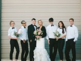 black trousers and white shirts, black shoes and black bow ties are amazing for bridesmaids and bridesmen, if you have not only girls in your bridal party