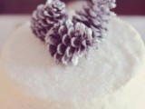 a sparkling white wedding cake topped with pinecones is a lovely idea for a winter wedding