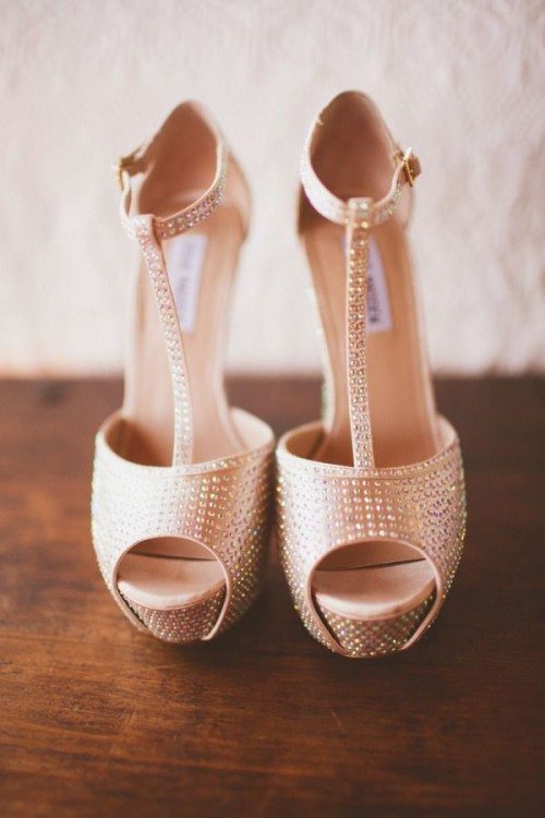 fully embellished neutral platform shoes with T straps are nice for a glam and chic bride