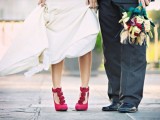 fuchsia T-strap wedding shoes with fabric blooms will bring a touch of color to your spring bridal look