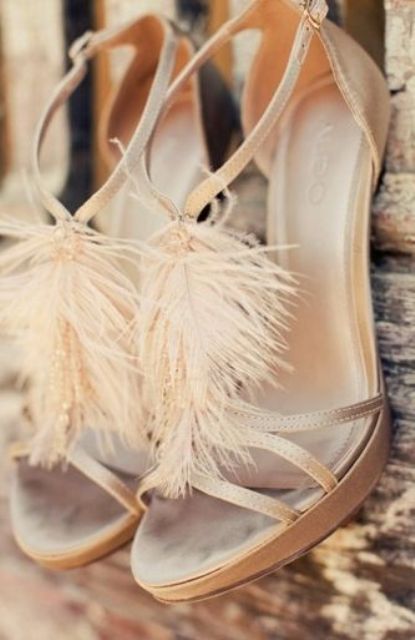strappy nude high heels with feathers for a more whimsy look will bring a fun and cute touch to the look