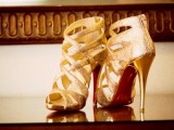super sparkly strappy high heels in gold is a cool idea to glam up your bridal look