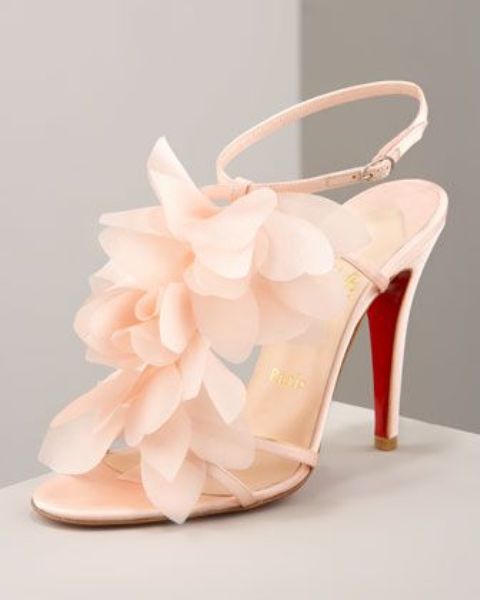 strappy blush wedding shoes with blush fabric petals look heavenly and very girlish and chic