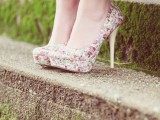 cute floral print platform wedding shoes are a nice idea for a spring or summer bride